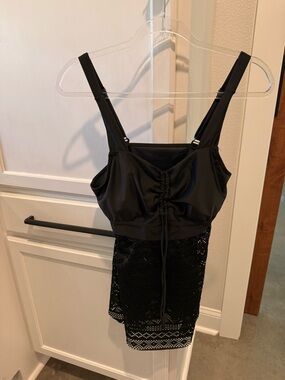 Black Lace-Trim Tank Swim Top